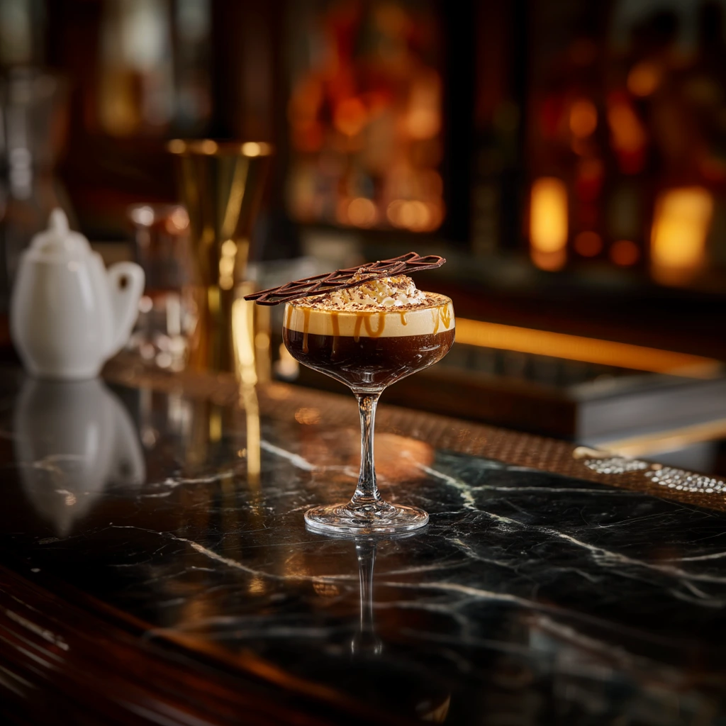 A rich, velvety coffee cocktail infused with deep caramel sweetness and smooth chocolate, inspired by the iconic Curly Wurly bar. Balances bold espresso with buttery toffee and a hint of cocoa.