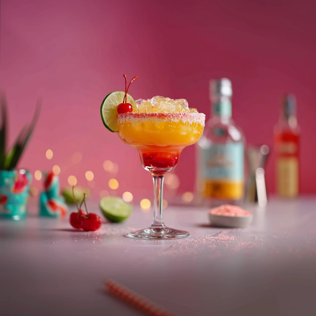 A playful twist on the Margarita, blending tequila, orange liqueur, and cherry syrup in a sherbet-rimmed glass. Nostalgic, vibrant, and candy-inspired, this cocktail delivers sweet fun with citrus balance.