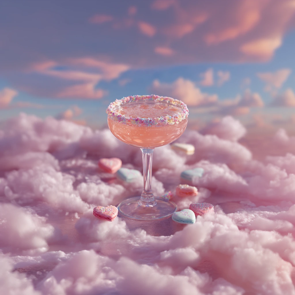 Fruity gin fizz with candy heart garnishes.