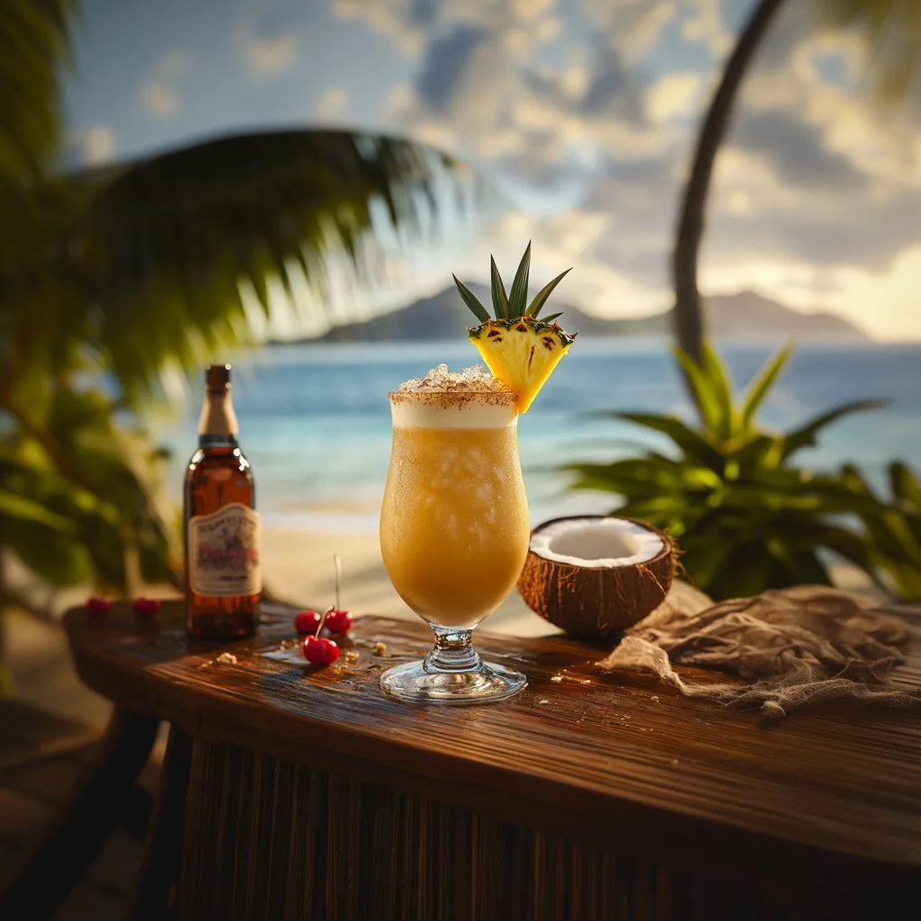 A tropical cocktail with rum, pineapple, orange, and coconut.