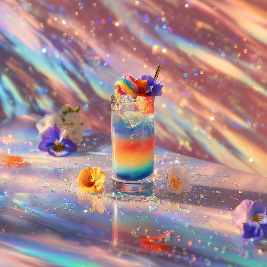 A vibrant, layered cocktail bursting with fruity flavours and dazzling colours. Rainbow Reverie is sweet, playful, and perfect for celebrations or dreamy nights out.
