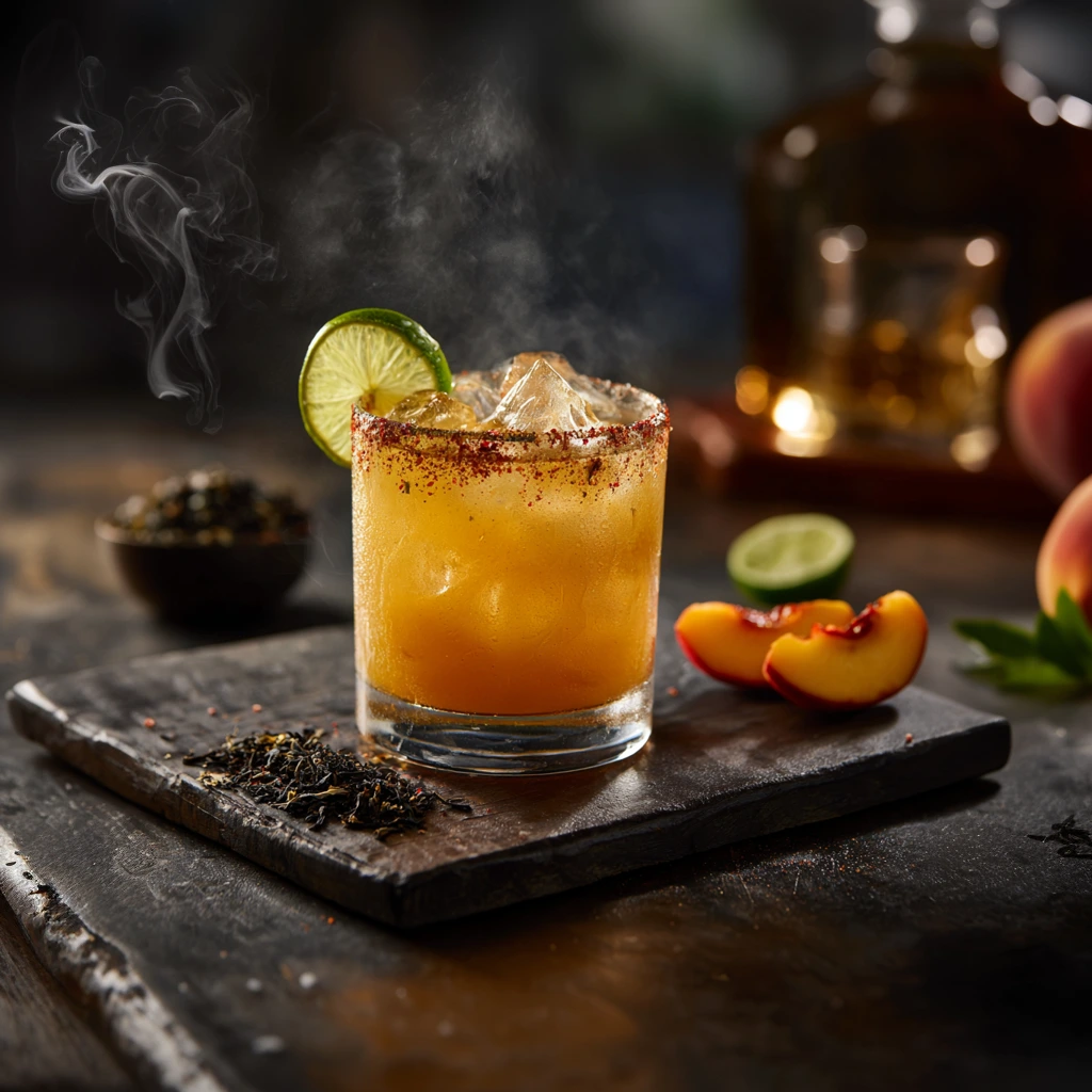 A bold, smoky take on the Margarita featuring mezcal, ripe peach, and black tea for a rich, complex flavour with a sweet, earthy finish.